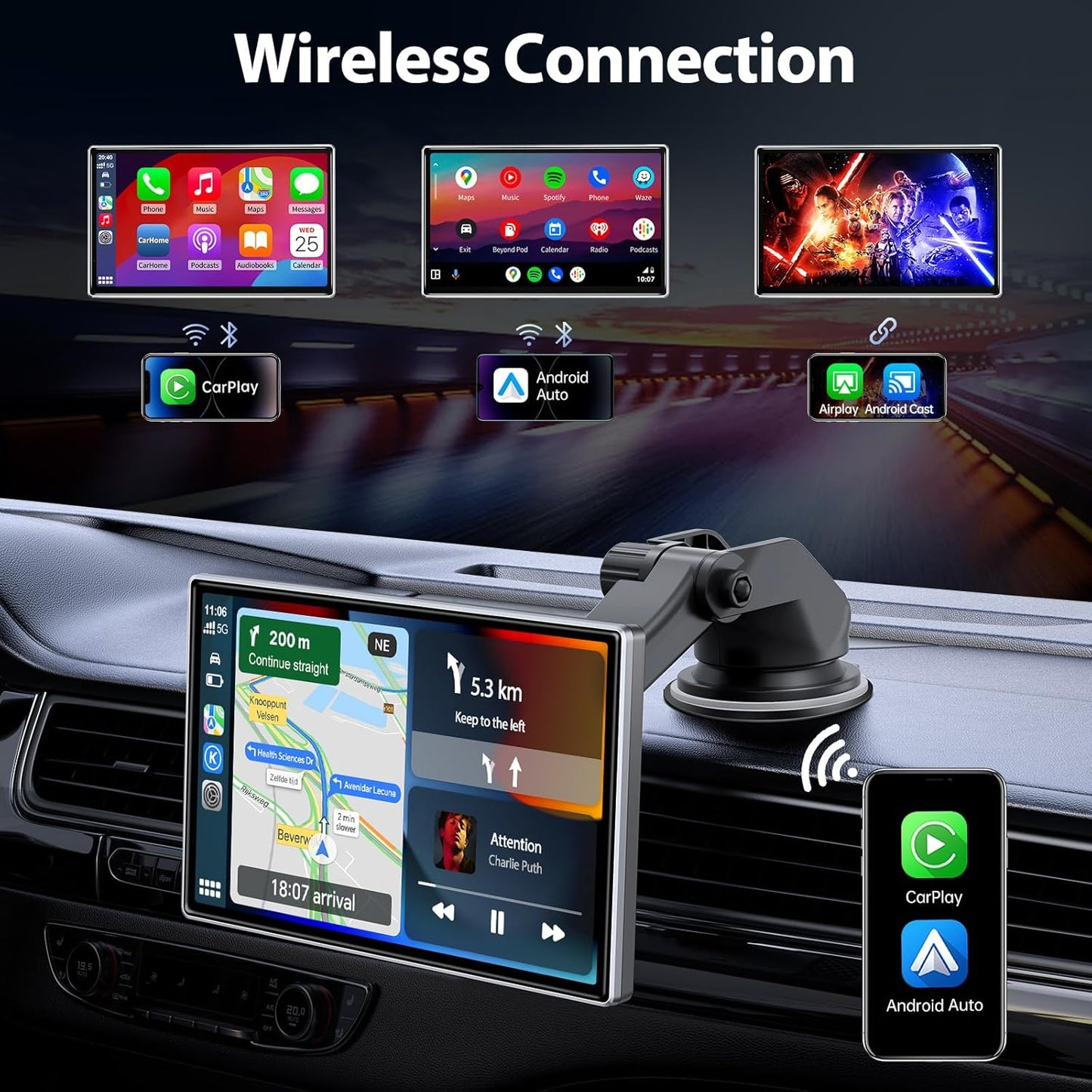 Upgrade Wireless Carplay Screen, Android Auto, Portable 7" HD IPS Screen for Car, GPS Navigation, Bluetooth Handsfree, AirPlay, MirrorCast, AUX/FM Transmitter Fit Most Car Models