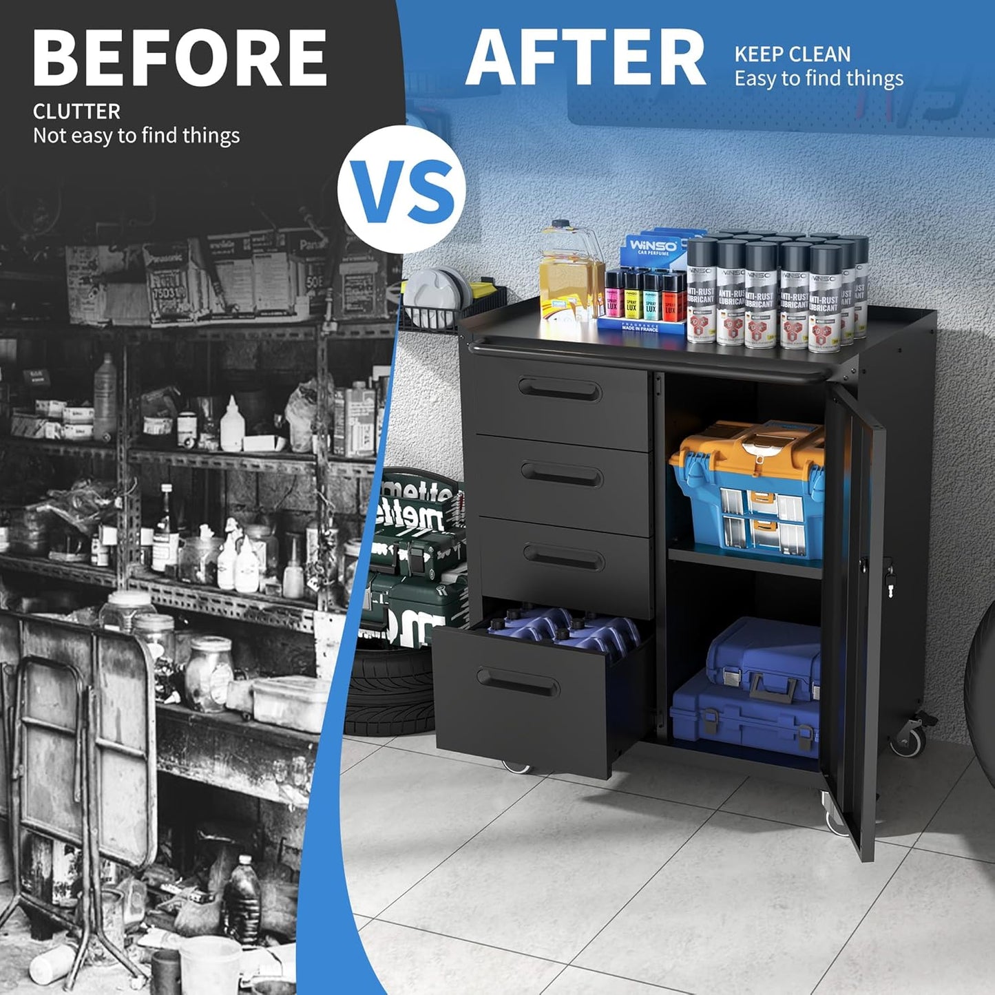 Metal Storage Cabinet with Wheels, Garage Cabinet with 1 Door and 4 Drawers, Rolling Tool Storage, Assembly Required, Black