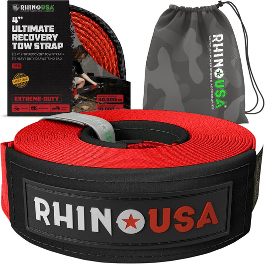 Rhino USA Recovery Tow Strap (4" x 30') - 40,320lb Break Strength - Emergency Recovery Strap Tow Rope for Diesel Trucks, Backhoe, Excavators & More - Heavy Duty Towing Strap for Offroad 4x4 Use (Red)