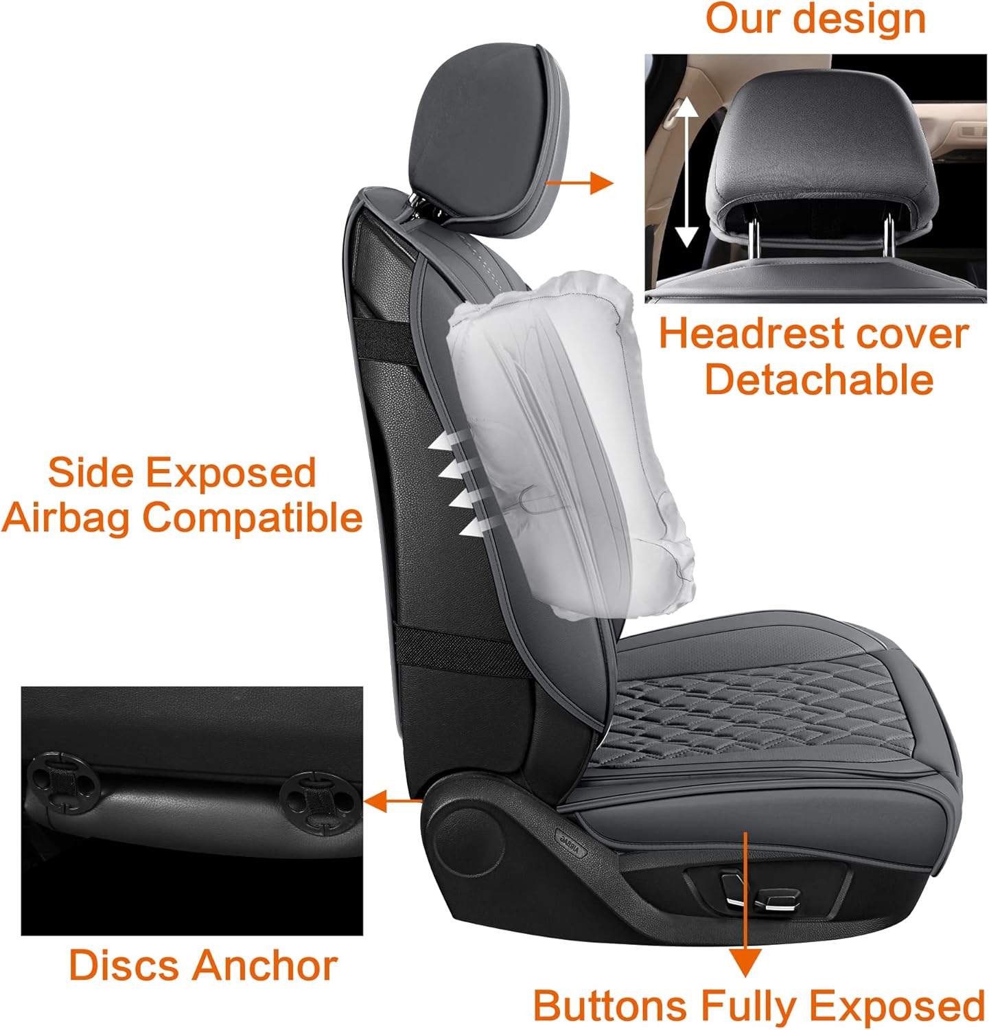 Pariitadin Leather Car Seat Covers Full Set, Waterproof Breathable Faux Leather Automotive Seat Covers for Cars, Non-Slip Car Interior Covers Universal Fit Most Cars Sedans Trucks SUVs, Gray