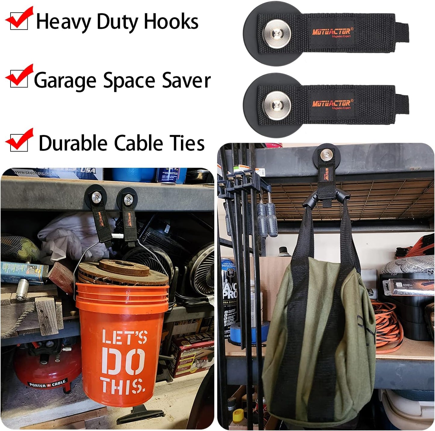 MUTUACTOR 2packs Magnetic Hooks Heavy Duty,Strong Magnet Garage Hook Large Capability for Hanging Cables Rubber Coating Mounting Magnet Storage Hooks for Garden Hoses Ropes Cordless Drills Tools Box