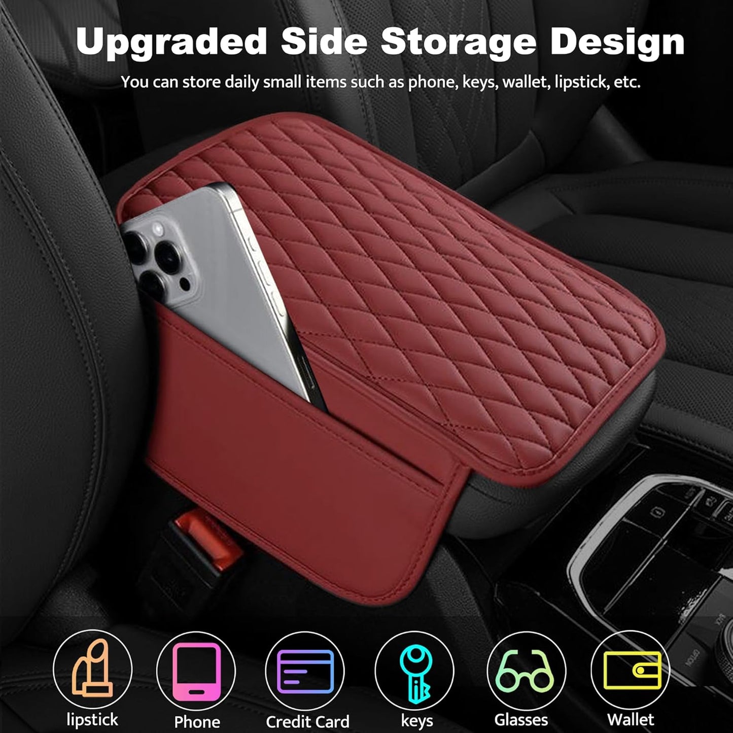 Car Center Console Cover, Upgraded Leather Armrest Seat Box Cover with 2 Storage Bags, Universal Waterproof Car Armrest Cover Cushion Comfortable Car Decor Accessories for Most Vehicles (Red)