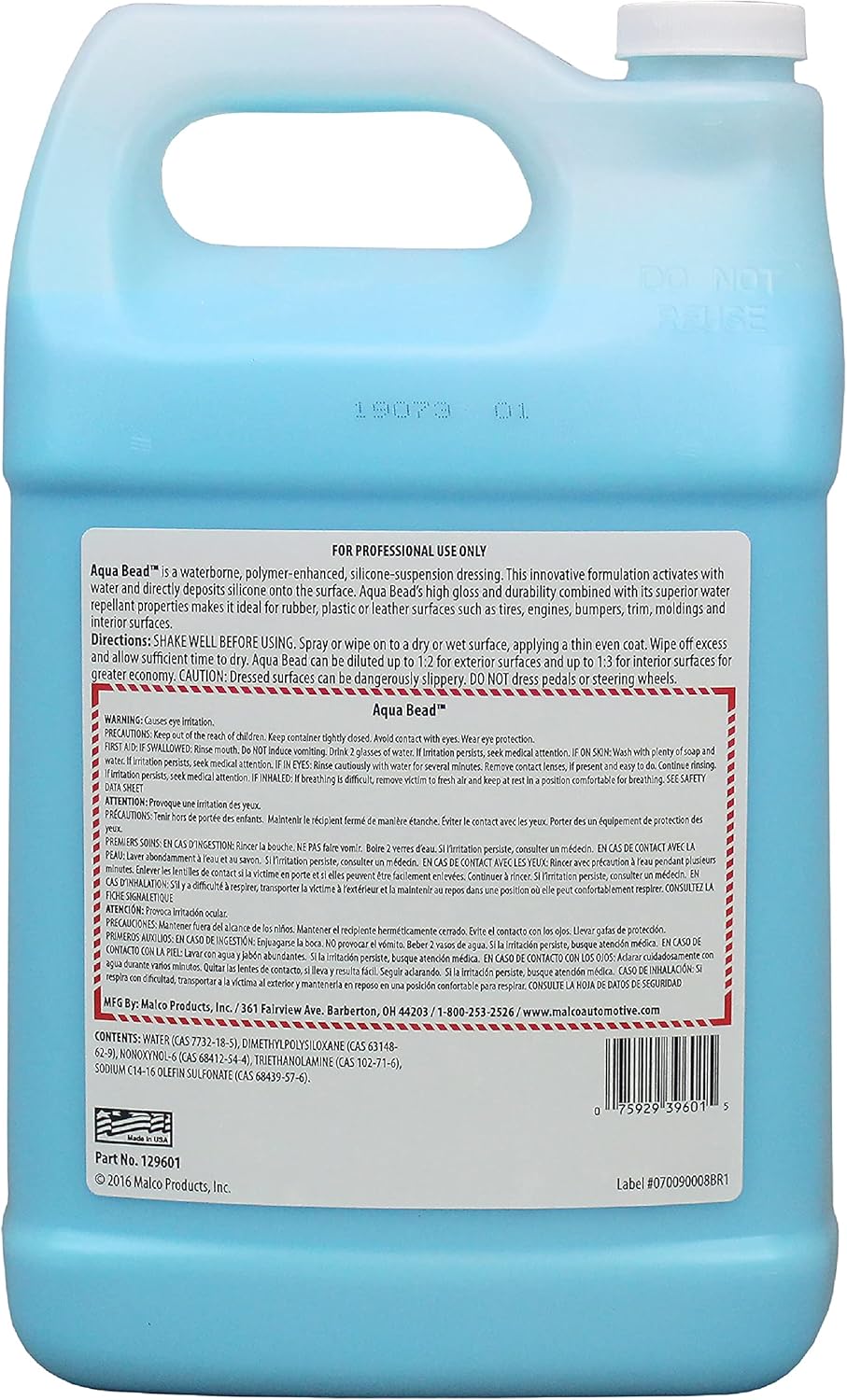 Malco Aqua Bead Water Based Dressing - Non-Greasy Interior and Exterior Dressing/Shines Car Tires, Rubber, Plastic and Trim/Concentrated Formula, Dilutable for Variable Gloss / 1 Gallon (129601)