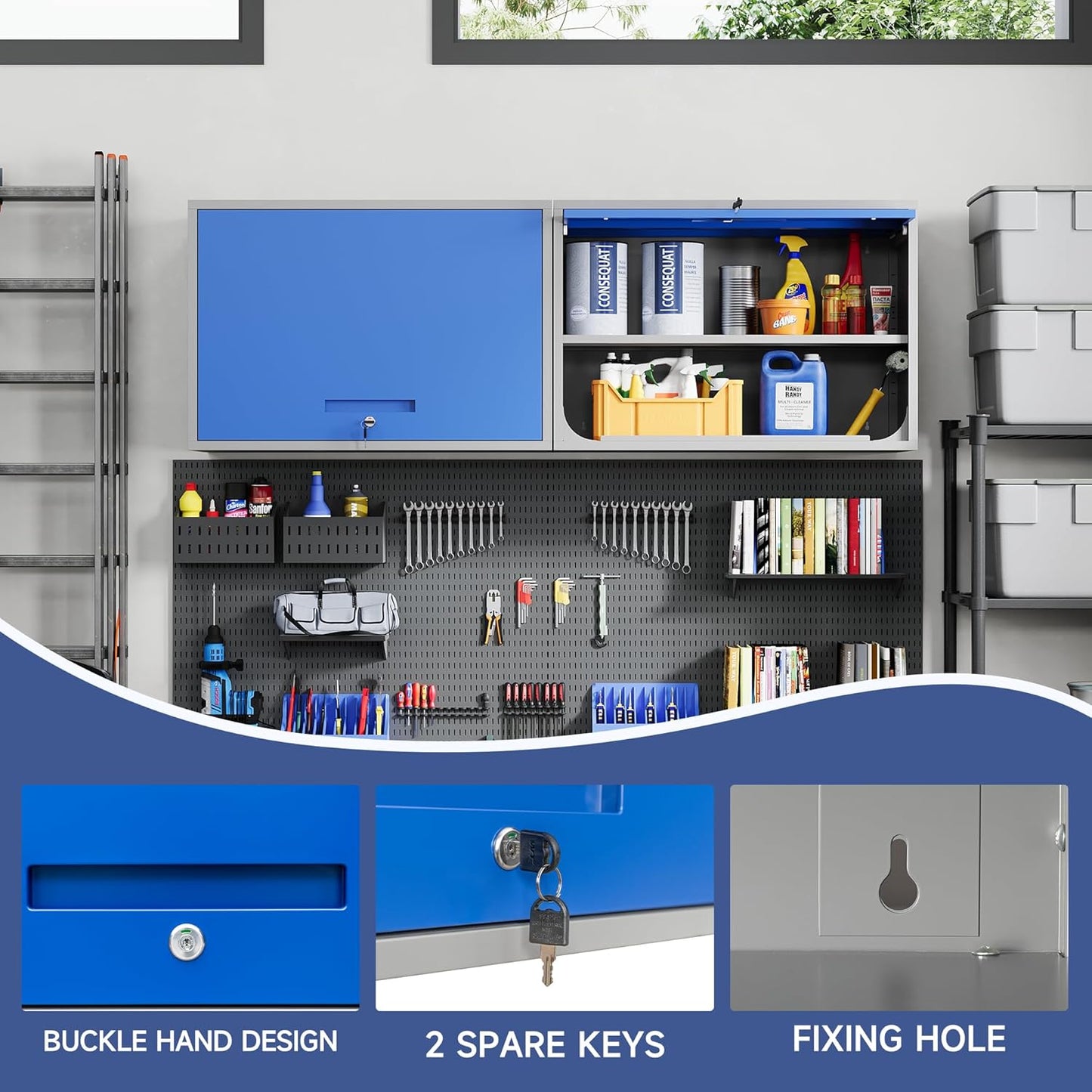 Metal Wall Cabinet with Locking Door and Shelf, Hanging Garage Cabinets with Up-Flip Doors for Garage, Warehouse, Home, Office, Assembly Required (Grey Blue, One Cabinet)