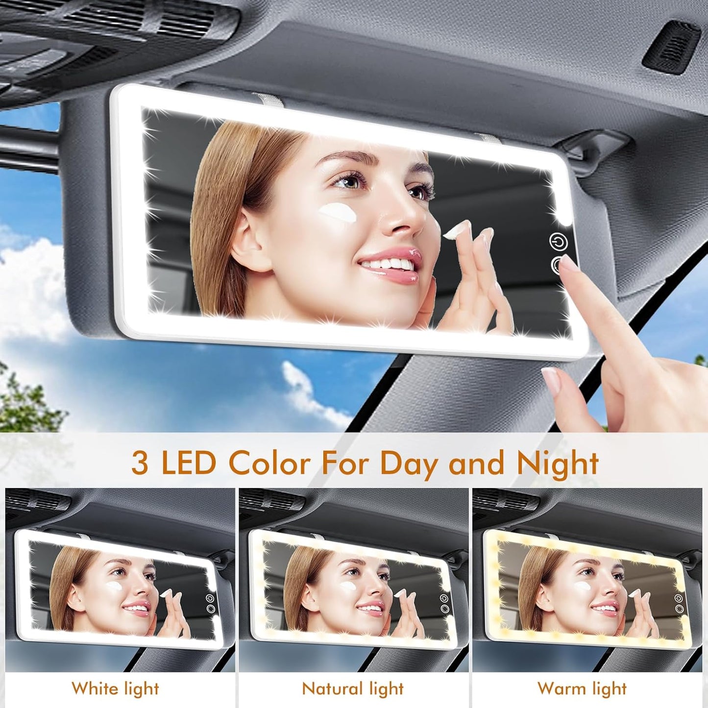 Car Sun Visor Vanity Mirror,Dimmable Makeup Mirror for Car Visor,Rechargeable Led Light with 3 Modes,White