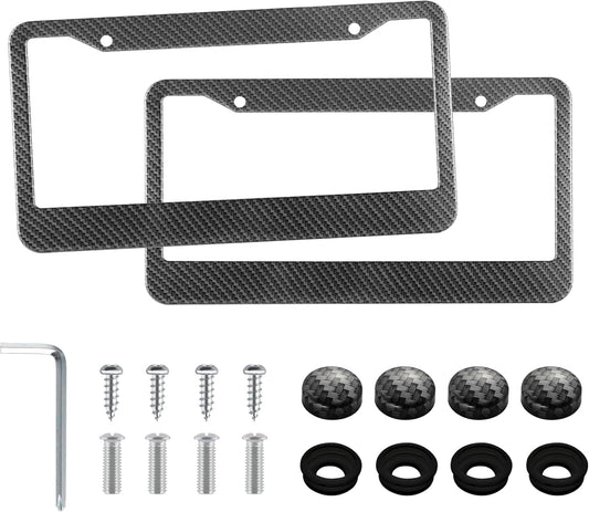 LivTee Carbon Fiber License Plate Frames, 2PCS Car License Plate Holder, 2 Holes Stainless Steel License Plate Covers, Automotive Exterior Accessories, Slim Design with Gasket Cover for US Cars