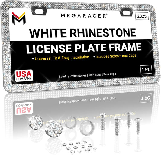 Sparkly Bling License Plate Frame for Women - 1 Pack, 800 Premium Rhinestones, Rust-Free Stainless Steel, Street Legal & Slim Design, Girly Bedazzled Diamond Car Tag Holder with Glitter Crystal Covers