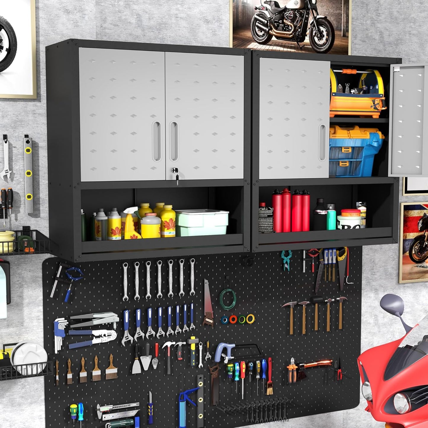 Metal Wall Cabinets with Doors and Shelves Black and Gray Garage Cabinets Wall Mounted Adjustable Storage Shelving Floating Garage Tool Cabinet,Wall Cabinet for Warehouse/Basement/Kitchen