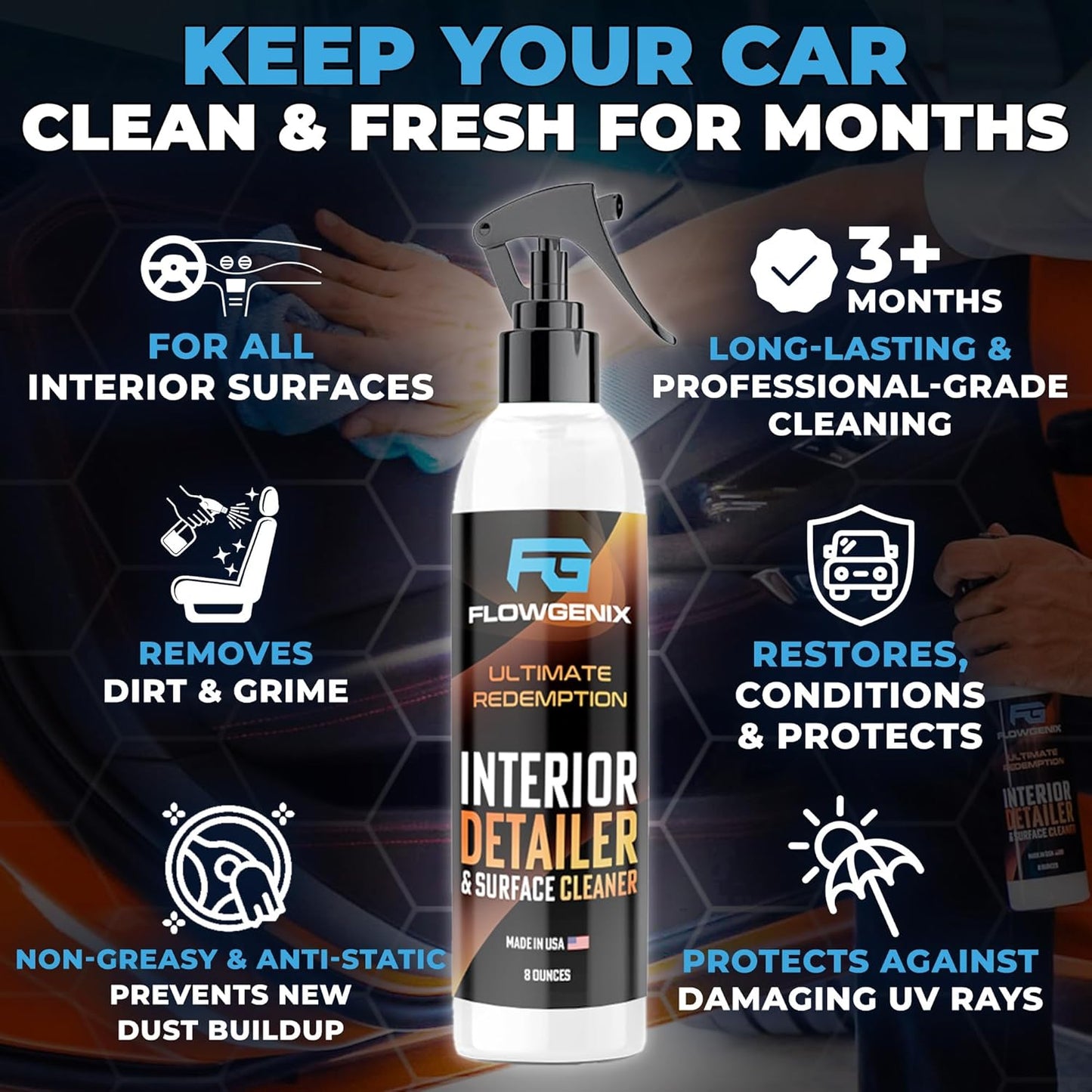 Interior Car Cleaner and Protectant Spray - Interior Detailer and Restoration for Seats, Upholstery, Dashboard, Vinyl, Trim & more - Automotive Detailing Spray for Cars, Motorcycle, RV