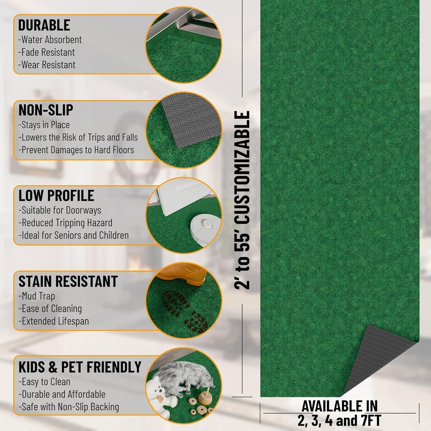 Ottomanson 6'6" x 16' Hallway Runner with Scraper Pile - Extra Durable Non-Slip Rug Mat for Indoor & Outdoor Use - Ideal for Kitchen, Entryway & Garage - High-Traffic Carpet, Green