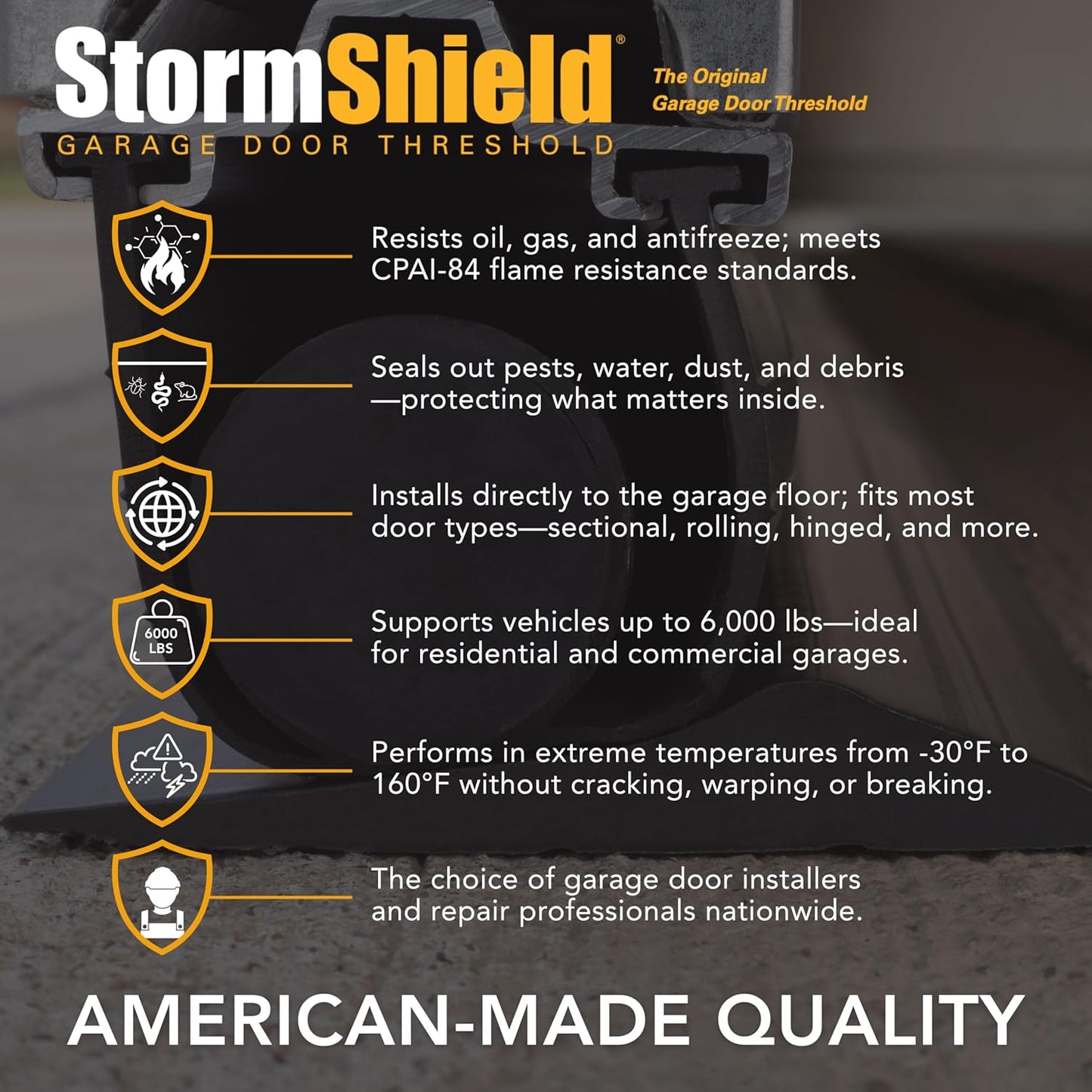Storm Shield® 10’ Garage Door Seal Threshold Strip - Durable PVC Rubber Seal Strip - Flame Resistant, Weatherproofing Garage Door Installation - Epoxy Adhesive - Made in The USA