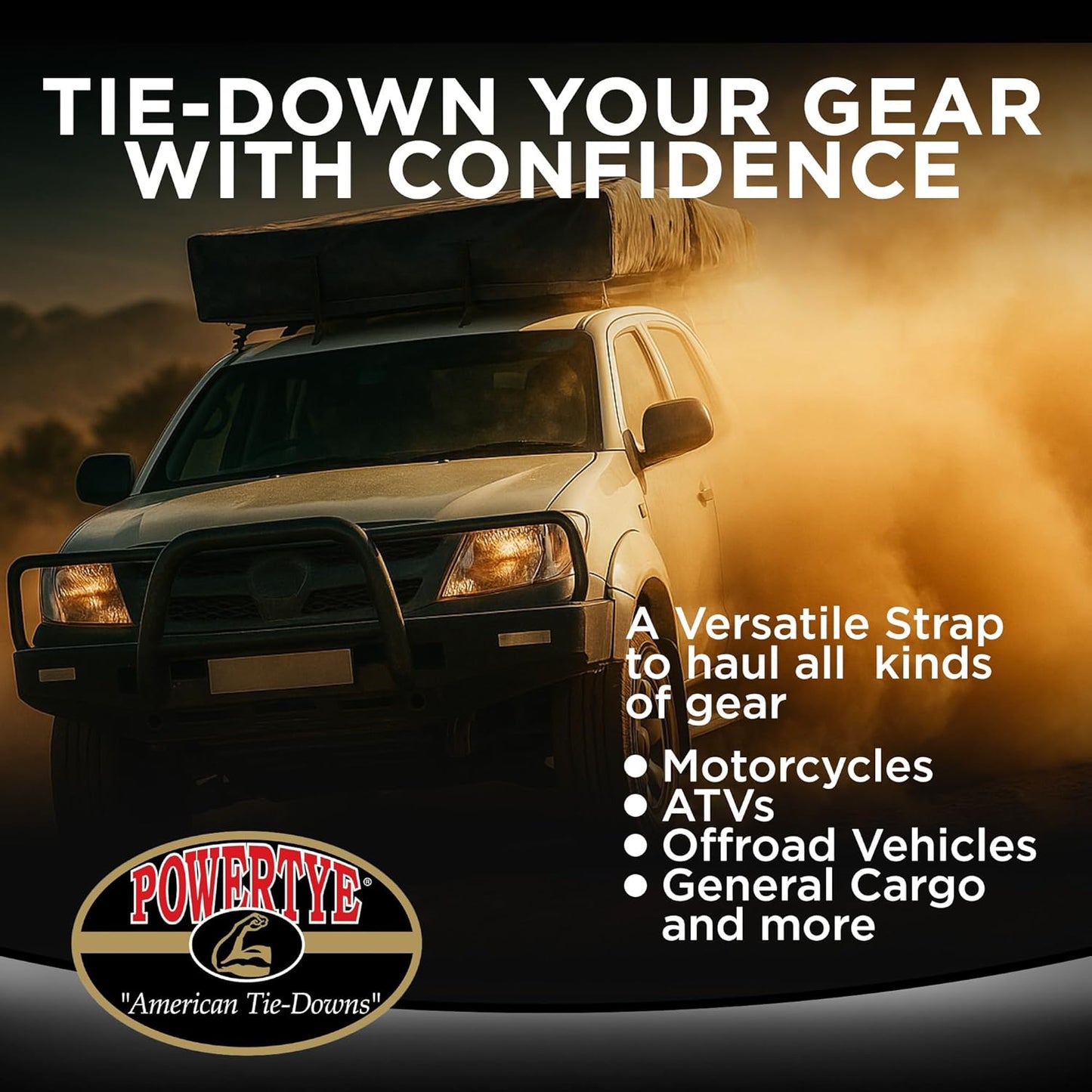 PowerTye - Made in USA - Heavy Duty Ratchet Tie Down Straps with Carabiner Hooks & Sewn-in Soft-Tye, for Motorcycle, ATV, Trailer & Cargo, 1,000 lb WLL, 1.5 inch x 6.5ft Long, Green/Black (Pair)