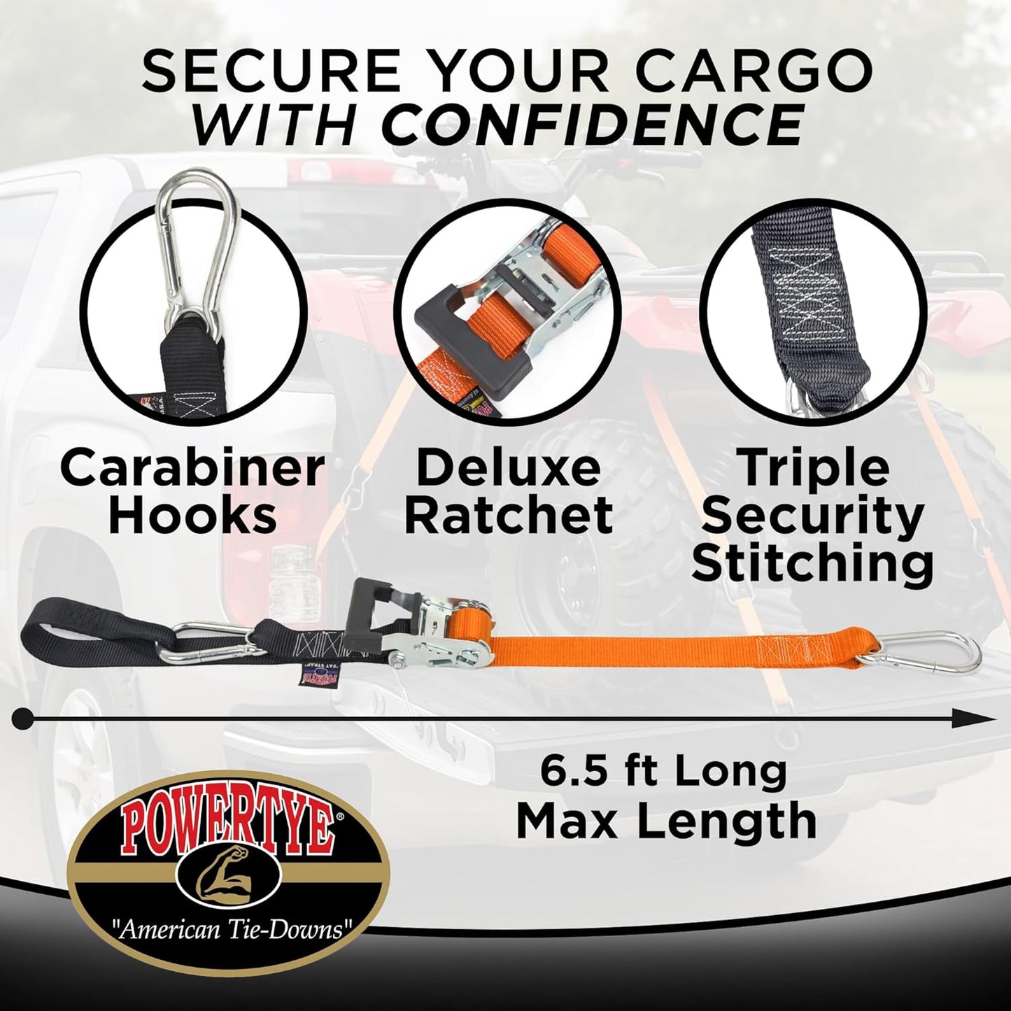 PowerTye - Made in USA - Heavy Duty Ratchet Tie Down Straps with Carabiner Hooks & Sewn-in Soft-Tye, for Motorcycle, ATV, Trailer & Cargo, 1,000 lb WLL, 1.5 inch x 6.5ft Long, Yellow/Black (Pair)