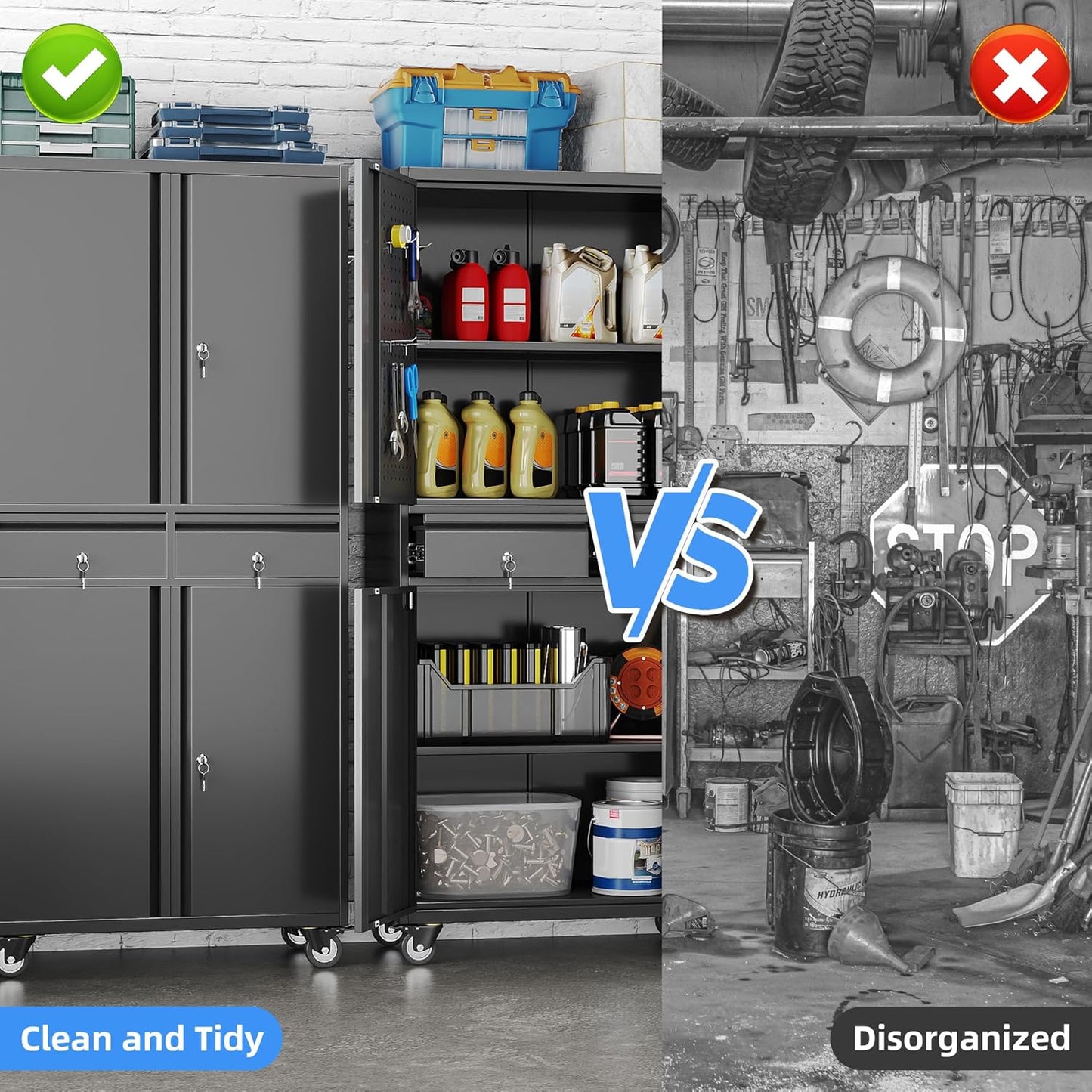 Metal Garage Storage Cabinet with Locking Doors and 2 Adjustable Shelves, Rolling Tool Storage Cabinet with 4 Wheels and 2 Drawer for Garage, Warehouse, Black, Assembly Required