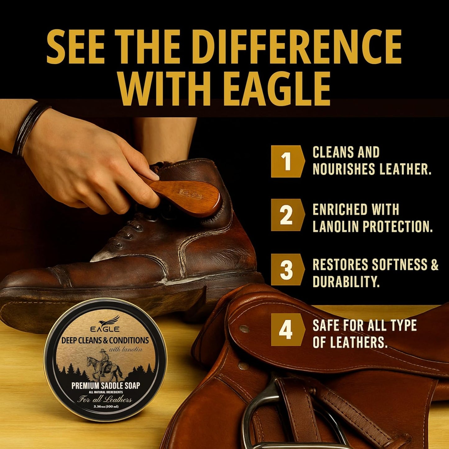 Saddle Soap for Leather – 3-Piece Saddle Soap Kit for Leather Cleaning, Boots, Tack, and Saddles – Includes Applicator and Cloth – Leather Soap and Conditioner for Leather Boots and Tack Care