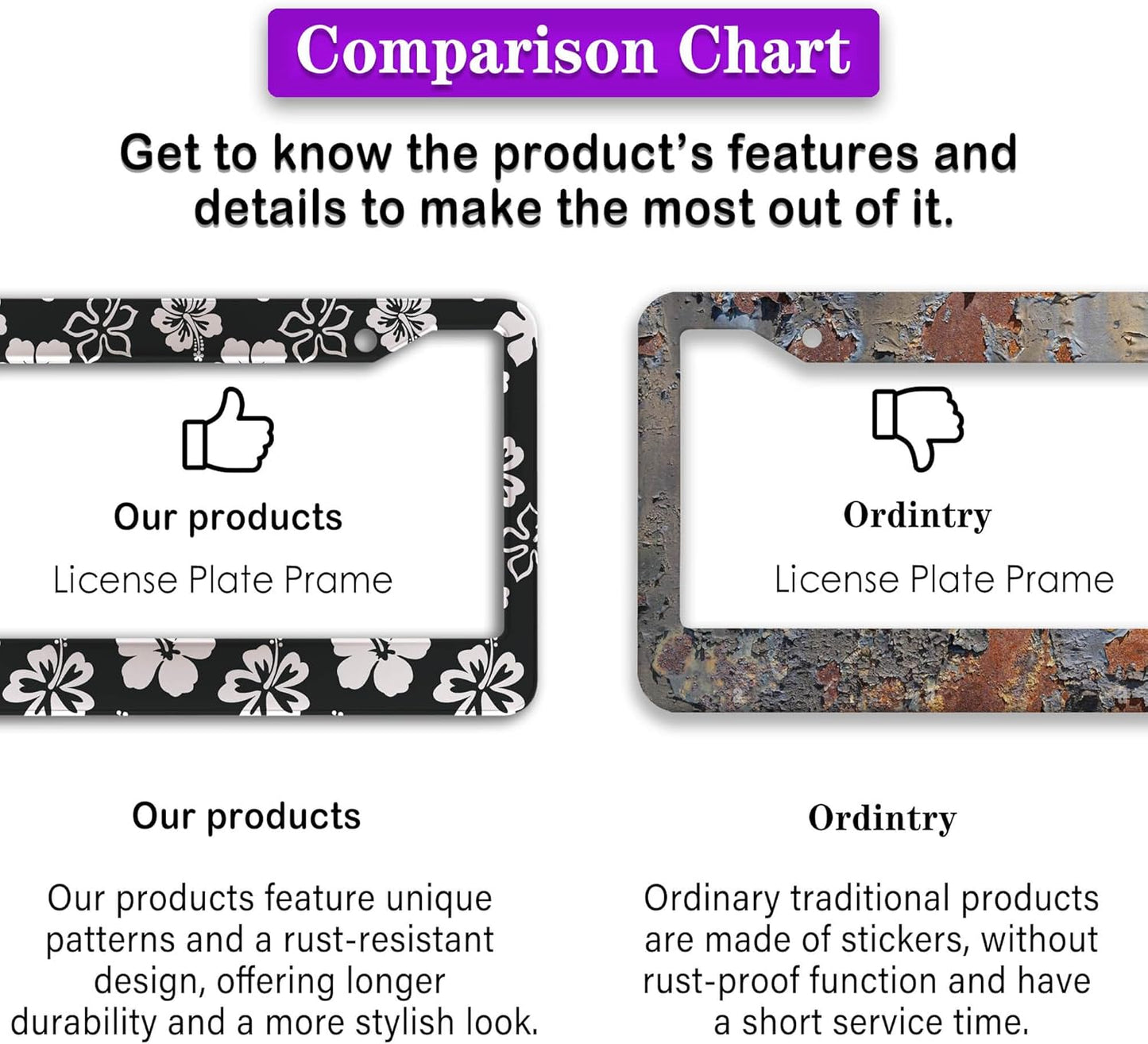 Automotive Exterior Accessories Black and White License Plate Frames Beautiful Hibiscus Flowers Universal Aluminum Car Accessory 2 Pack with Screw Covers Set