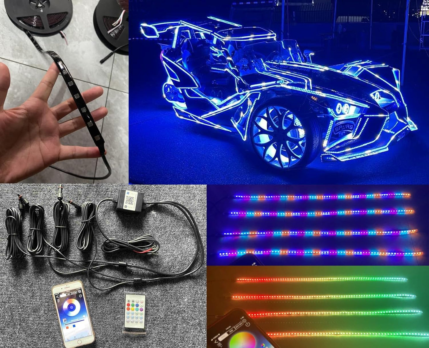 Black Out Full Tinted Smoked LEDs x4PCS 2FT 24" 60CM RGB Dream Color Chasing Addressable LEDs IP65 Light Strips for Car Truck Slingshot Golf Cart Bluetooth + Remote Control
