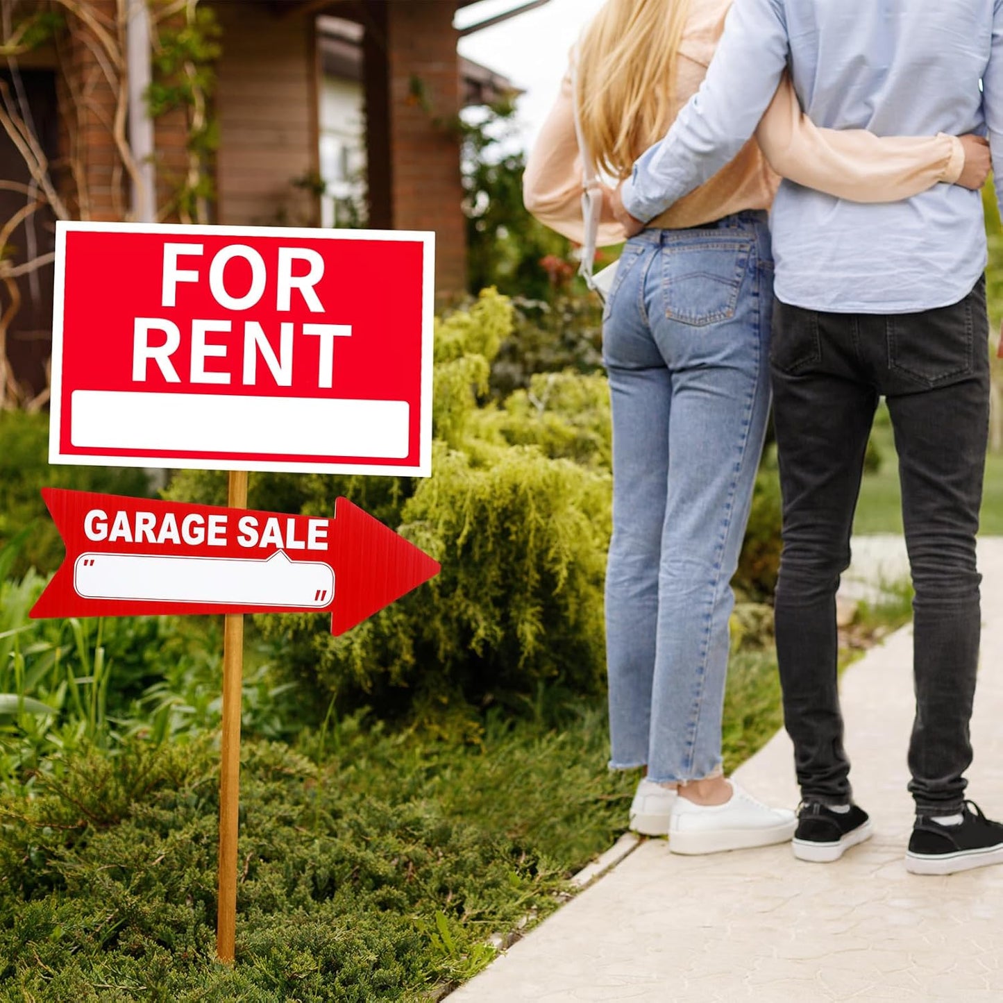 Wenqik 12 Pcs Garage Sale Signs with Stakes Double Sided Neon Arrow Signs with Stakes 17 x 6 Inches High Visibility This Way Plastic Garage Sale Decoration(Red and White)