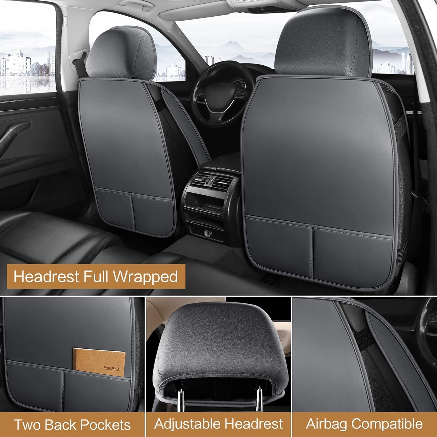 Pariitadin Leather Car Seat Covers Full Set, Waterproof Breathable Faux Leather Automotive Seat Covers for Cars, Non-Slip Car Interior Covers Universal Fit Most Cars Sedans Trucks SUVs, Gray