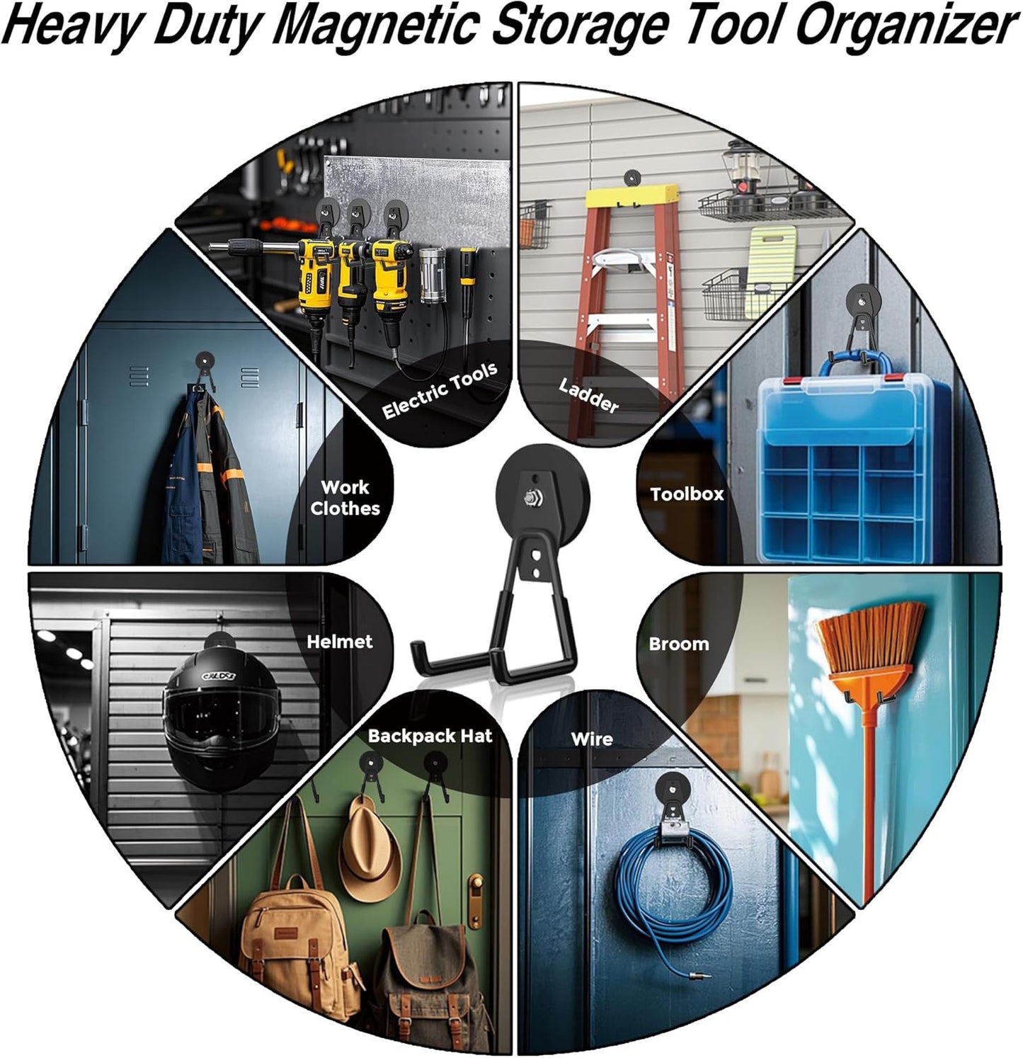 3Pcs Heavy Duty Storage Magnetic Utility Hooks Large Garage Strong Extra Magnet Hooks Hanger with Anti-Slip Coating Heavy Duty Magnetic Hooks for Hanging Power Dril Garage Garden Tools Black