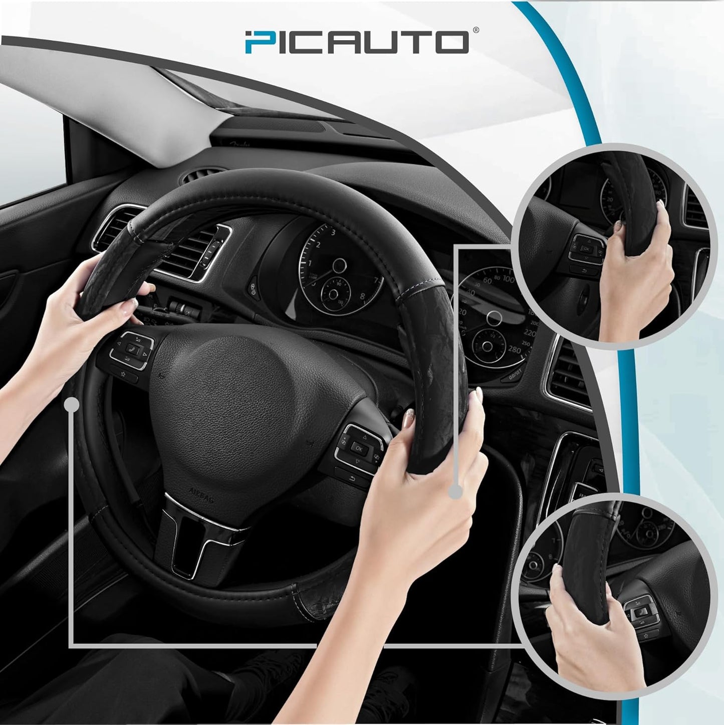 PIC AUTO Steering Wheel Cover, Silk Grain Leather Car Steering Wheel Protector, Comfortable Grip, Universal 14.5-15.5 Inch Anti-Slip Steering Wheels Accessories for Men & Women (Black)