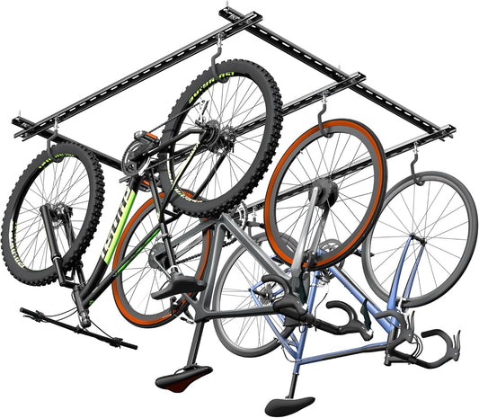 Ultrawall Ceiling Bike Rack for Garage, Indoor Bike Hanger with Sliding Track, Adjustable Bike Hooks for up to 3 Bikes (Horizontally), 6 Bikes (Vertically)