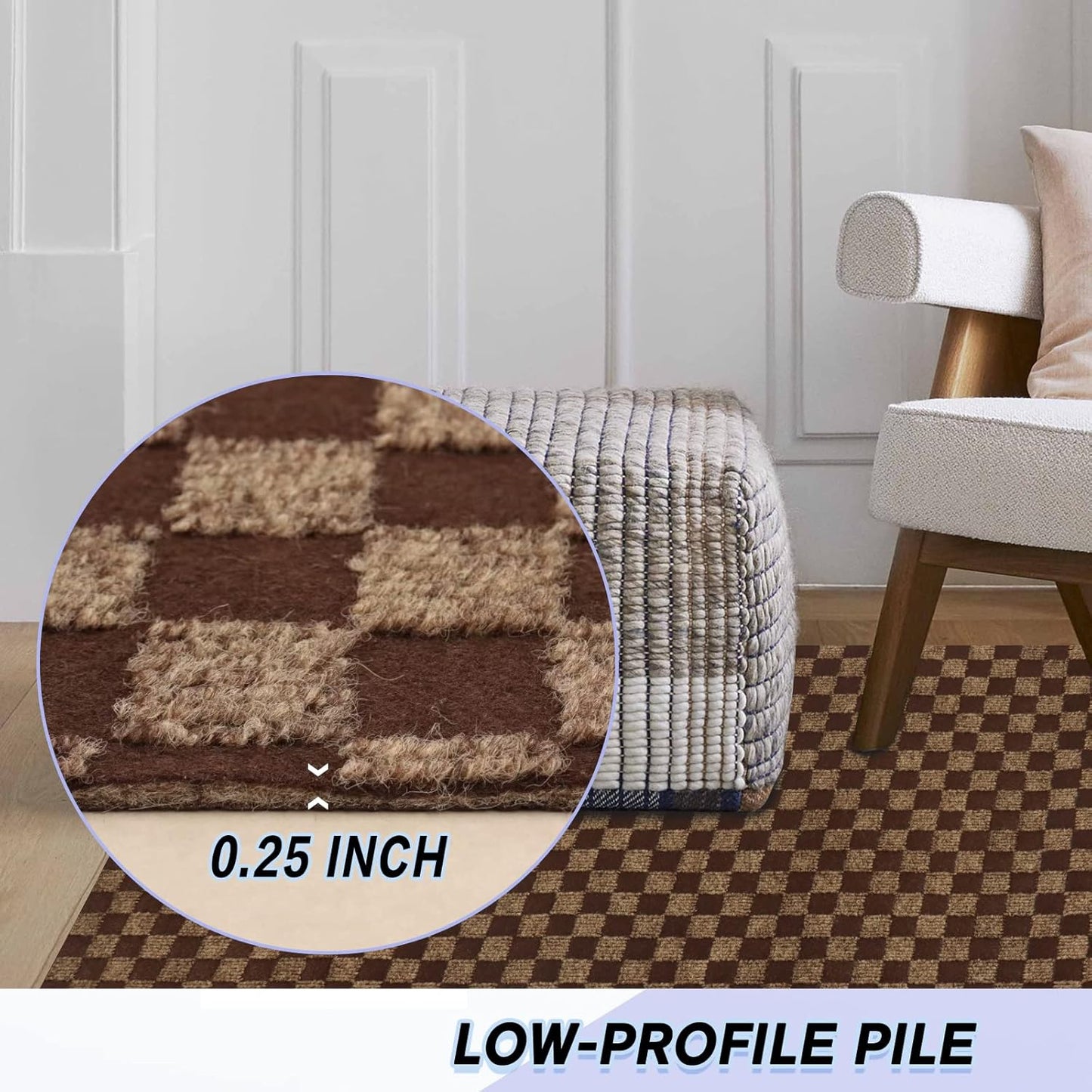 Custom Size Backed Non-Slip Area Rugs Runner, Easy Clean, Waterproof Runner Rugs for Hallway Entryway, Kitchen, Laundry, 3FT x 40FT, Brown Checkered