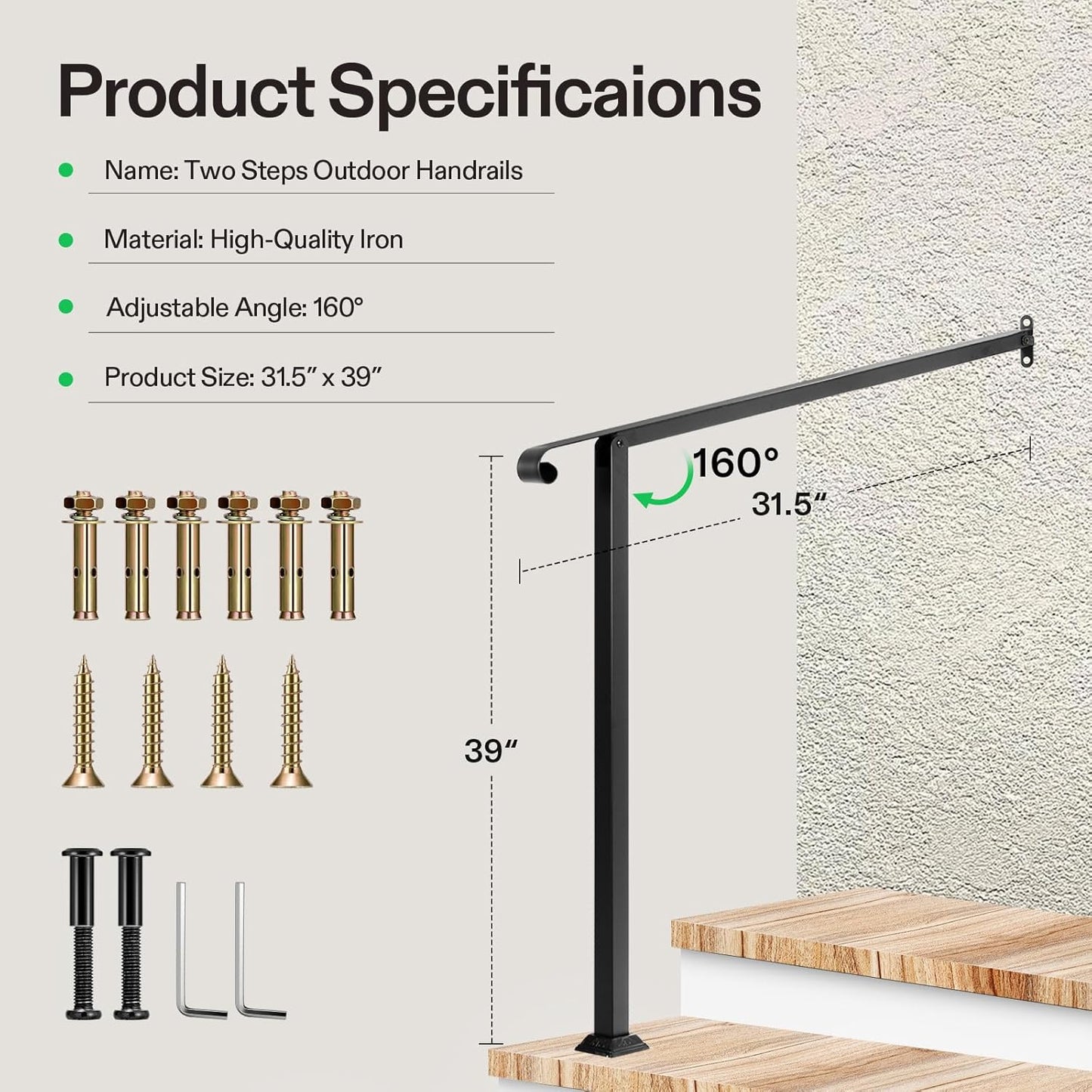 VIVOSUN Outdoor Handrail, 2 Step Stair Handrail, 31.5" x 39" Fits 1 to 2 Steps, Wrought Mattle Iron Stair Railing with Single Curved End for Concrete Steps, Porch Steps, One-Step Assembly, Black