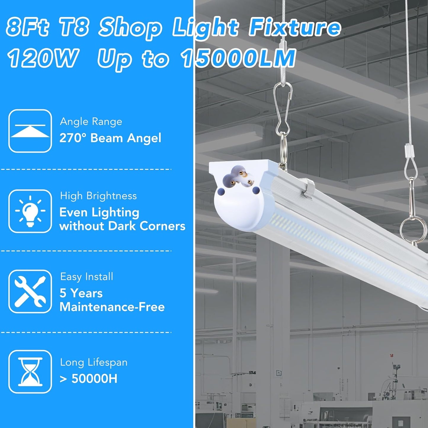 10 Pack 8FT T8 LED Shop Lights, 120W Integrated Tube Light, 19200LM 6000-6500K Daylight, Linkable Lighting, Plug & Play Energy-Saving Commercial Bay Lighting Garage Warehouse Basement (V4-4)