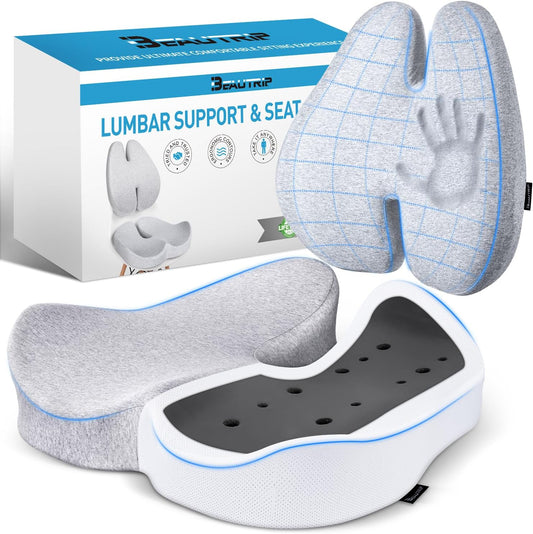 BEAUTRIP Seat Cushion & Lumbar Support Pillow for Office Chair, Car & Wheelchair - Ergonomic Coccyx Cushion for Tailbone, Sciatica & Back Pain Relief - Extra-Dense Charcoal Memory Foam Chair Cushions