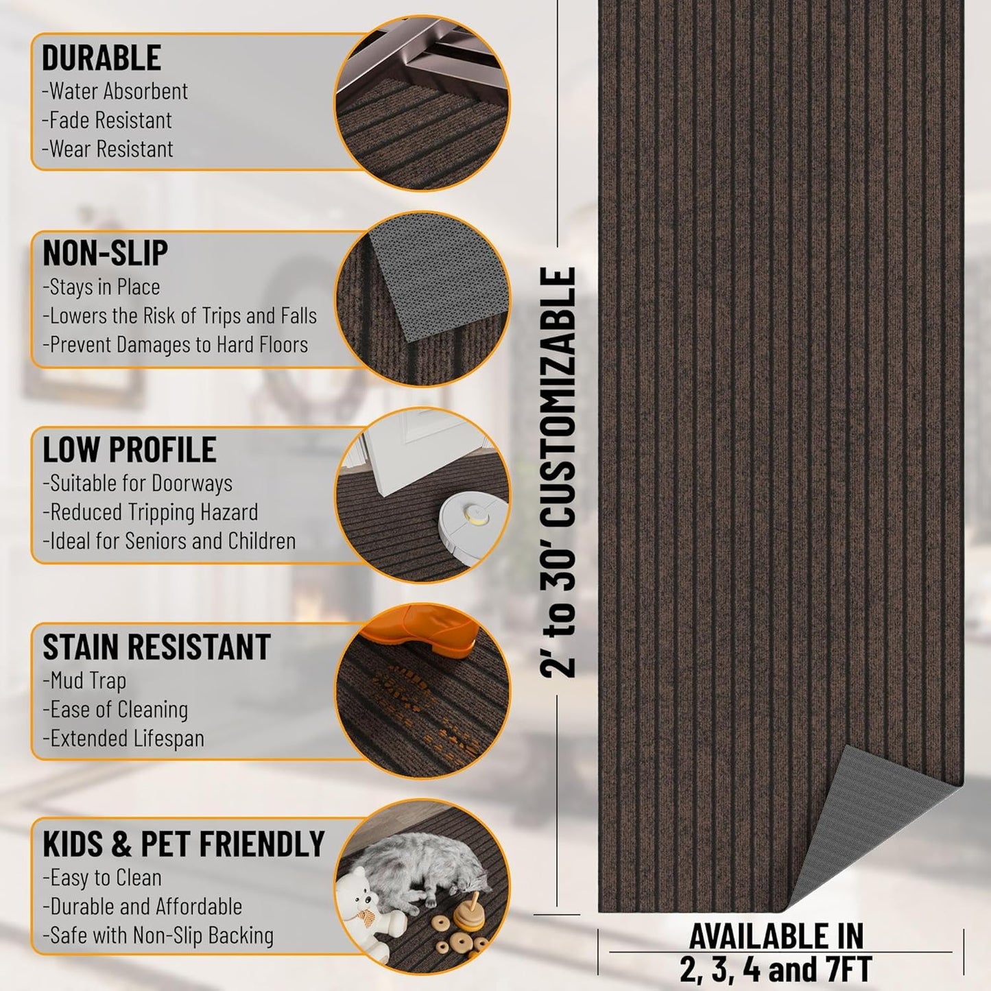 Ottomanson 2'7" x 10' Hallway Runner with Scraper Pile - Extra Durable Non-Slip Rug Mat for Indoor & Outdoor Use - Ideal for Kitchen, Entryway & Garage - High-Traffic Carpet, Brown