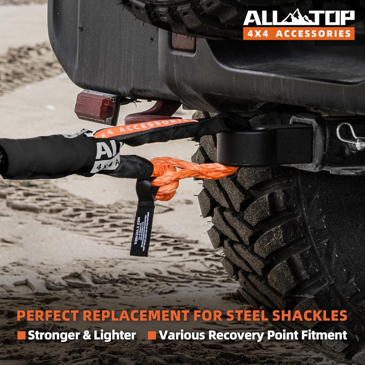 ALL-TOP Synthetic Soft Shackle & Recovery Ring Kit (2PCS 1/2in x 22in - 48300LBS Shackles + 1 Snatch Pulley Ring) for Winch Tackle Pulley System