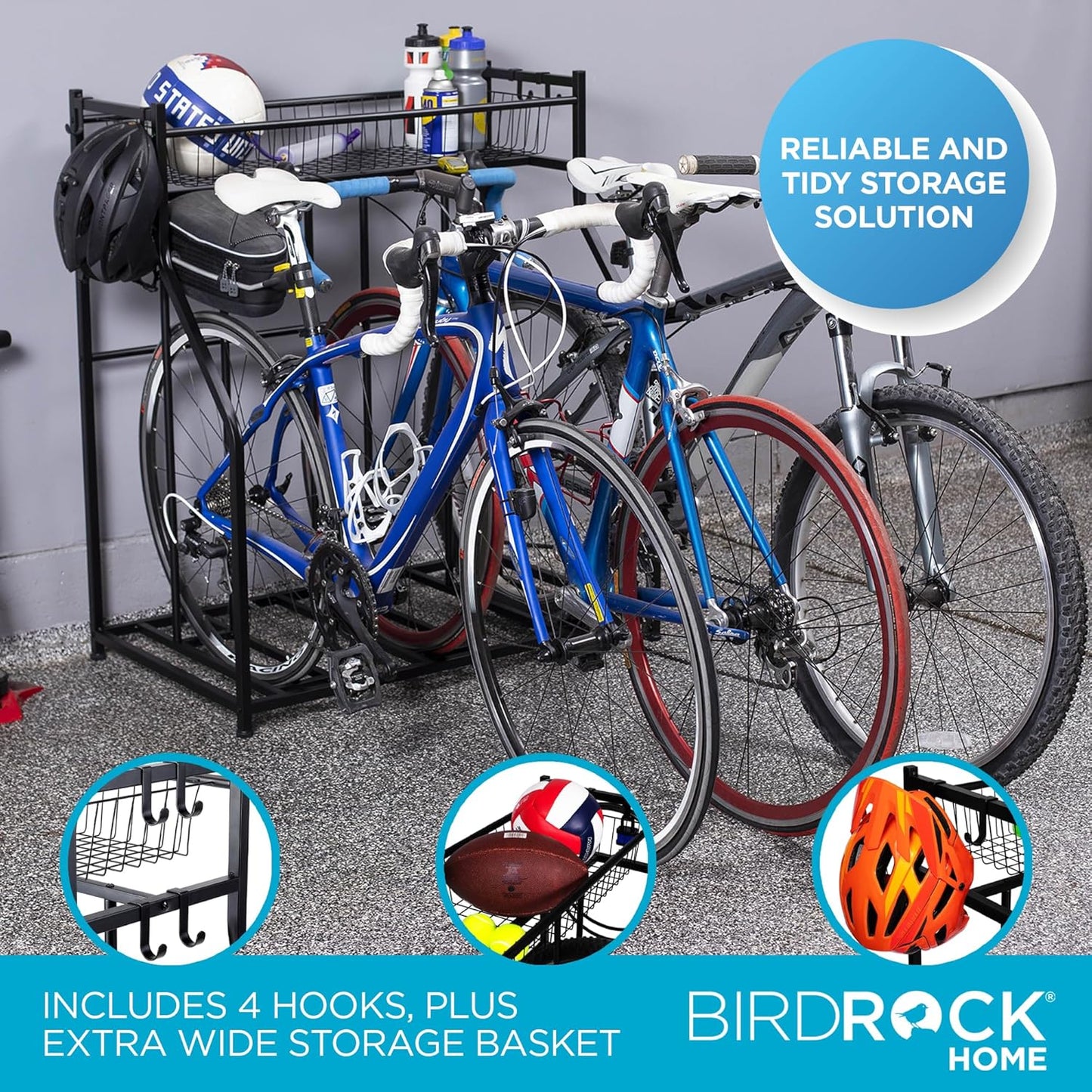BIRDROCK HOME Bike Rack Garage Storage Floor Stand - Freestanding Organizer for Outdoor Yard - Upright Wall Mount for Scooters, Rakes, Motorcycles, Hoverboards, Gloves - Holds 3 Bicycle - Black