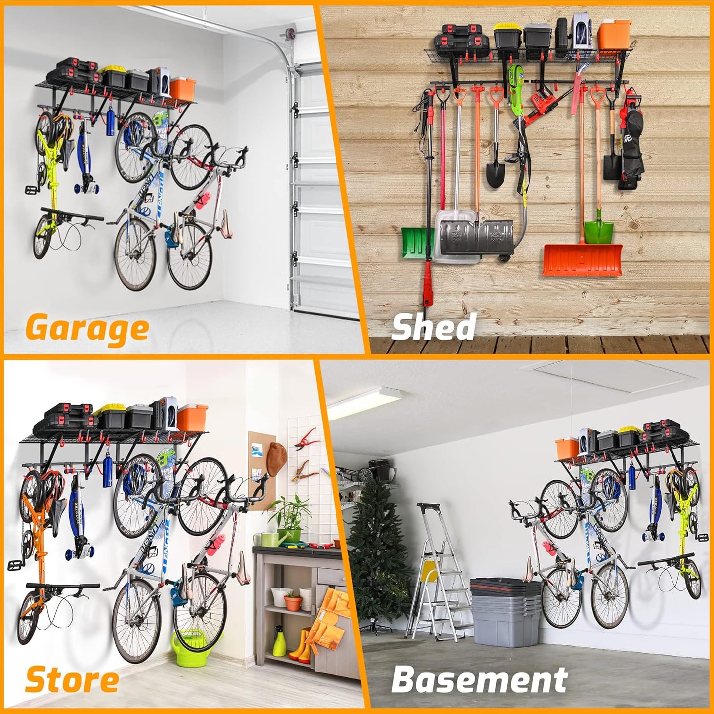 PLKOW Garage Wall Shelving 1 Pack Includes 2 Bike Hooks, Wall Shelves Garage Organizer with Vertical Bike Hanger, Powder Coated Steel (1 Pack)