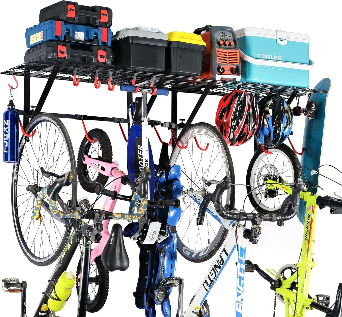 PLKOW Garage Wall Shelving, Wall Mount Bike Storage Rack with 8 Adjustable Bike Hooks, Heavy-Duty Bike Rack for Garage, 280 Lbs Load Capacity, 2-Pack