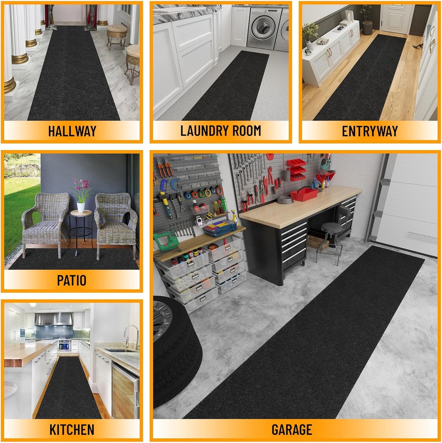 Ottomanson 2' x 5' Hallway Runner with Scraper Pile Extra Durable Non-Slip Rug Mat for Indoor & Outdoor Use - Ideal for Kitchen, Entryway, Patio & Garage - High-Traffic Carpet, Black