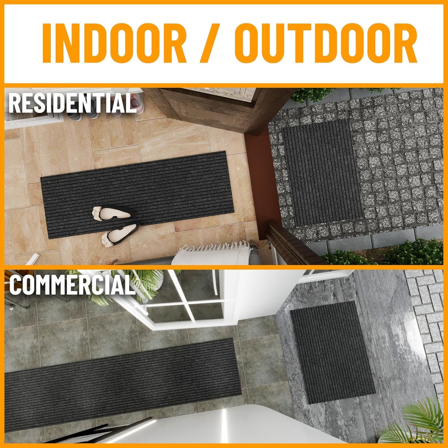 Ottomanson 2' x 21' Hallway Runner with Scraper Pile Extra Durable Non-Slip Rug Mat for Indoor & Outdoor Use - Ideal for Kitchen, Entryway, Patio & Garage - High-Traffic Carpet, Black