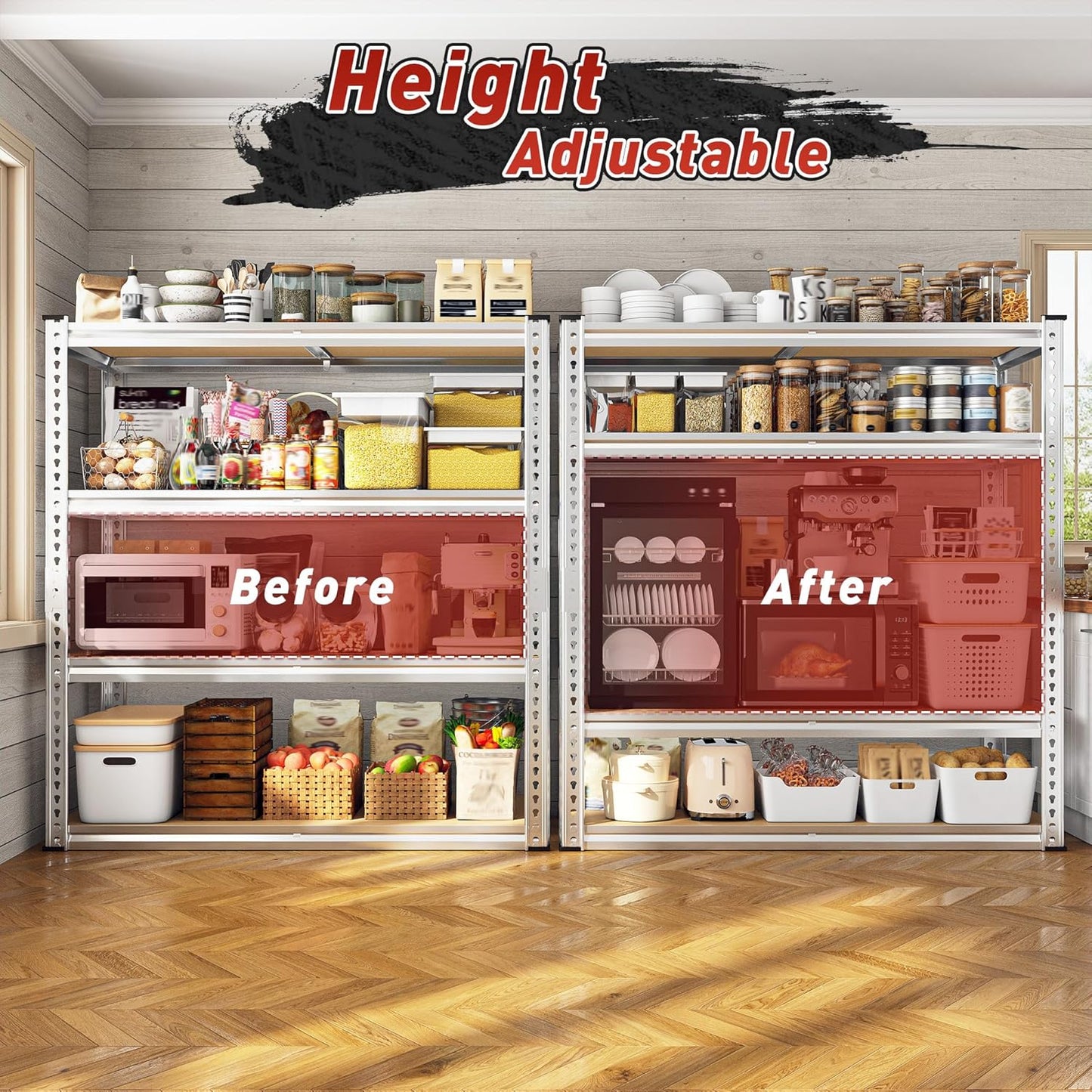 REIBII 40" W Garage Shelving 2000LBS Storage Shelves Adjustable Metal Shelving 4 Tier Pantry Shelves for Closet Basement Kitchen 40" W x 19.7''D x 60''H, Silver