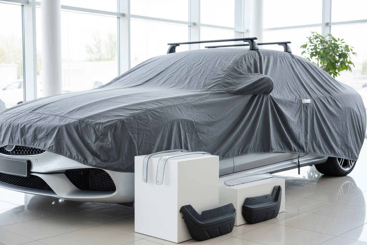 Exterior Accessories: Car covers, roof racks, and protection gear to keep your vehicle in top condition. (make it real photo)