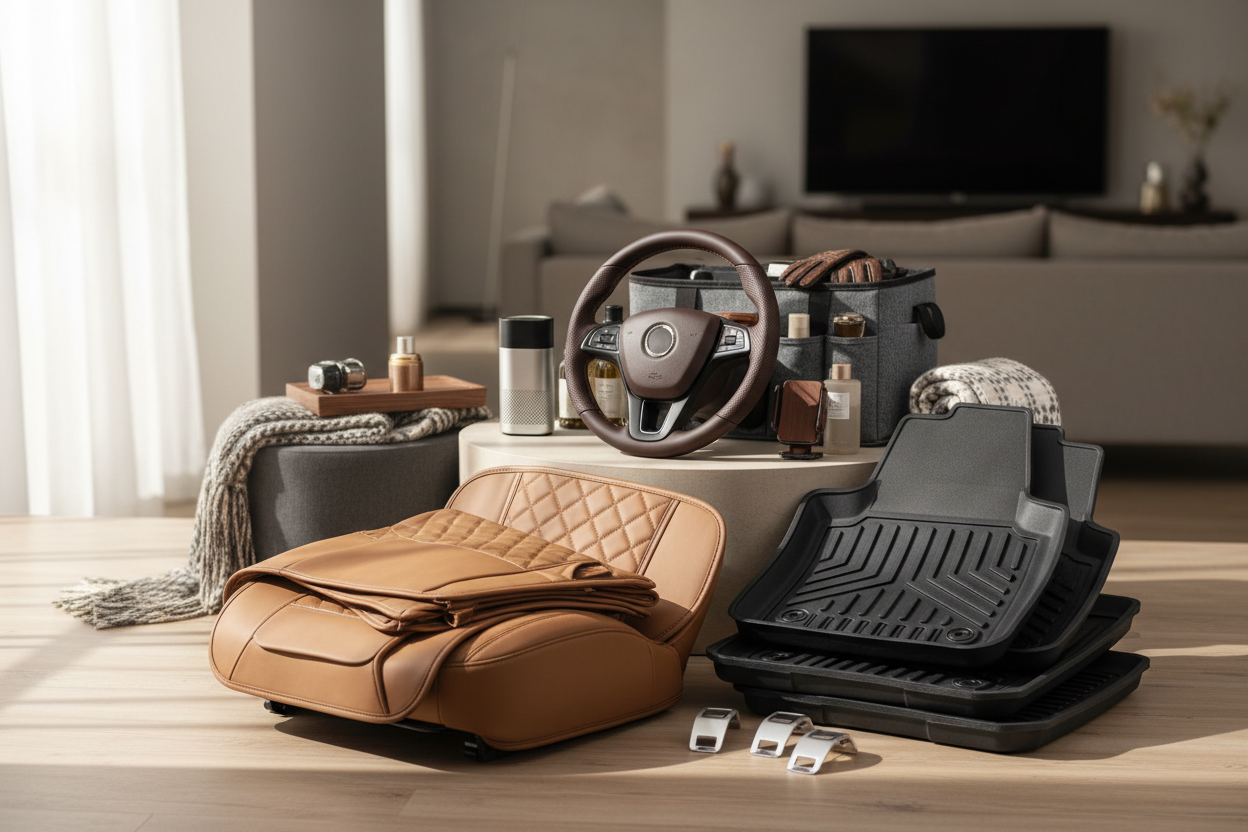 Interior Accessories: Seat covers, floor mats, organizers, steering wheel covers, and more to make your car comfortable and stylish. (make it real photo)