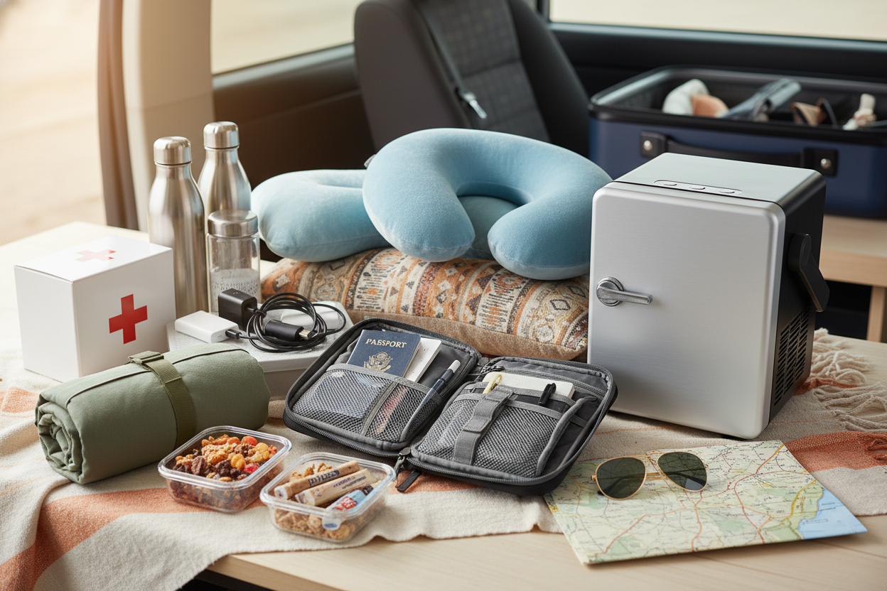 Road Trip Essentials: Travel organizers, portable fridges, pillows, and everything you need for safe and enjoyable journeys. (make it real photo)
