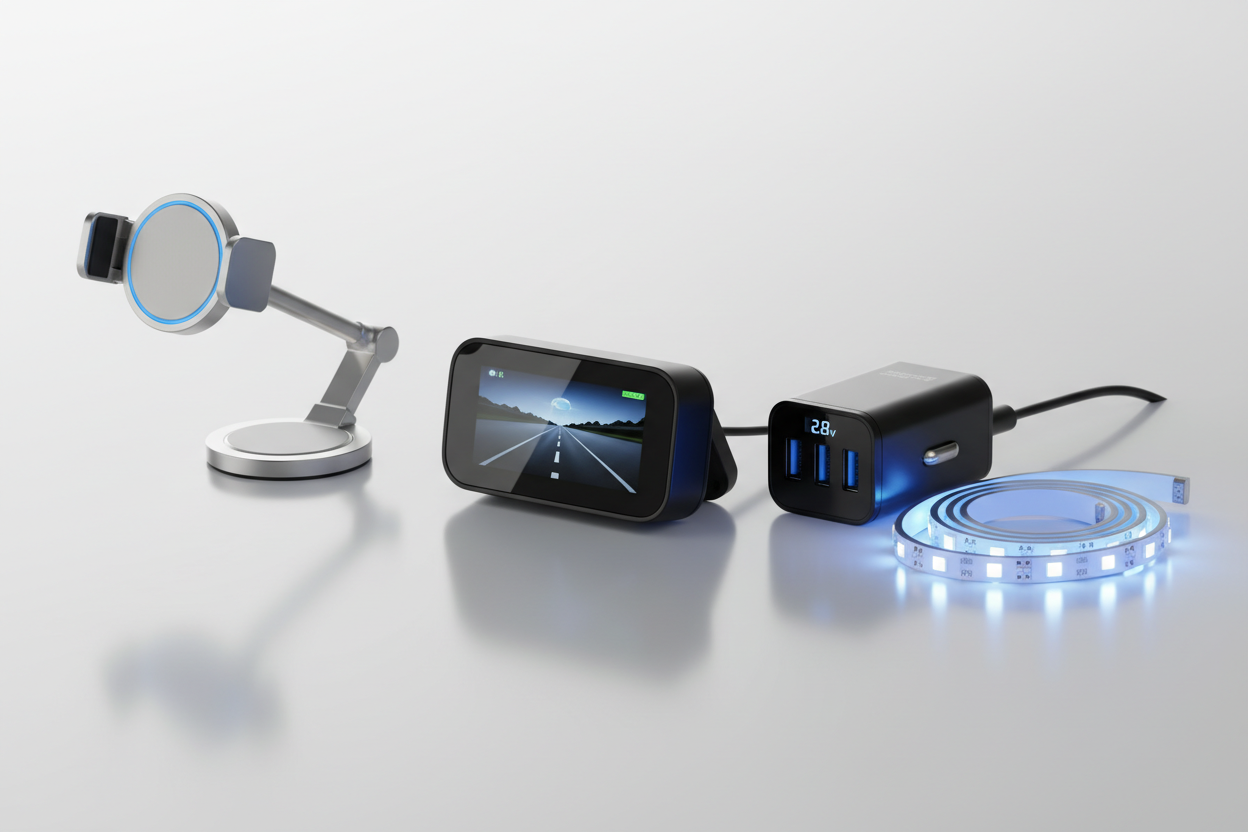 Tech & Gadgets: Dash cams, phone mounts, smart chargers, LED lights, and other high-tech solutions for modern drivers. (make it real photo)